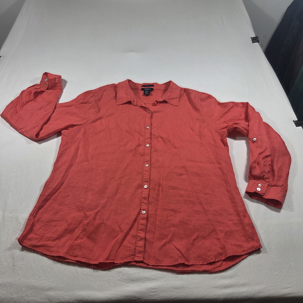 Jones & Co Coral Linen Top Tunic Beach Button Front  Long Sleeve  - XL